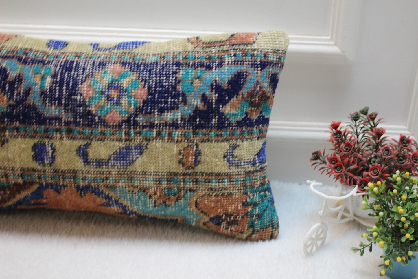 Vintage Turkish Rug Lumbar Pillow Cover: Blue Beige Woven Wool, 12x24 inc