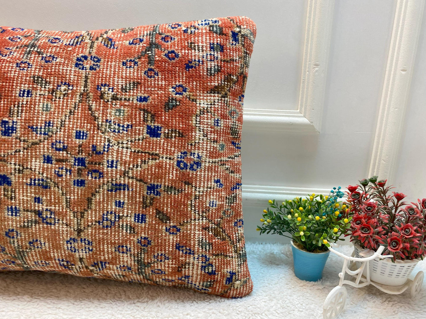 Red Floral Lumbar Pillow Cover: Handmade Wool Anatolian Throw Pillow (16x24 in)
