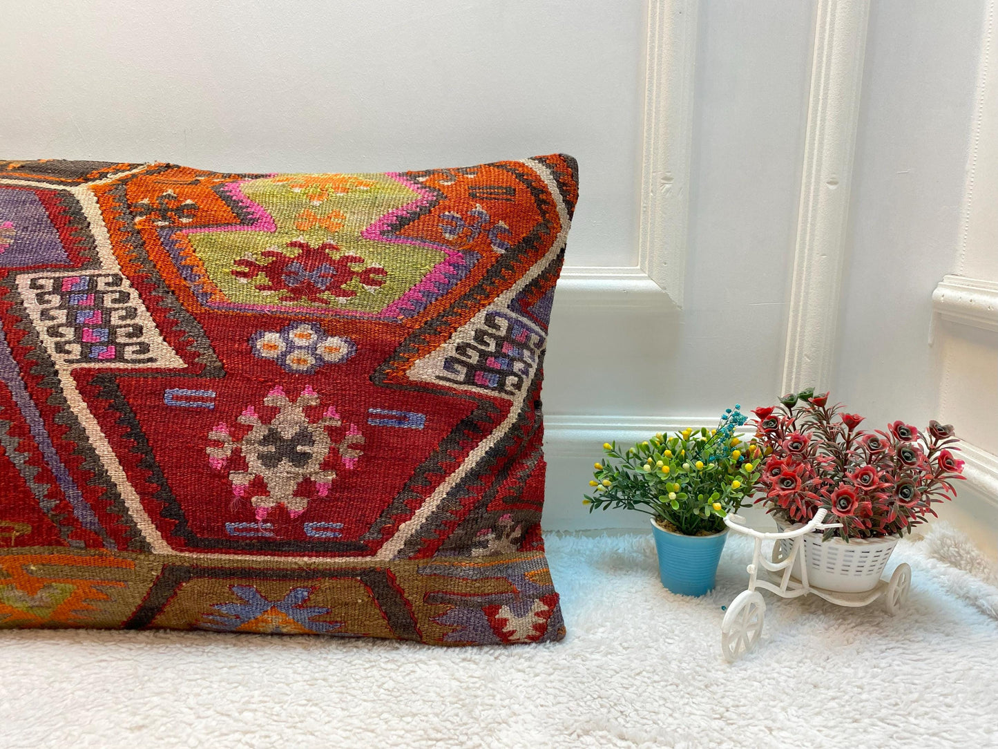 Geometric Kilim Lumbar Pillow Cover: Vintage Red Woven Wool (16x24 in)