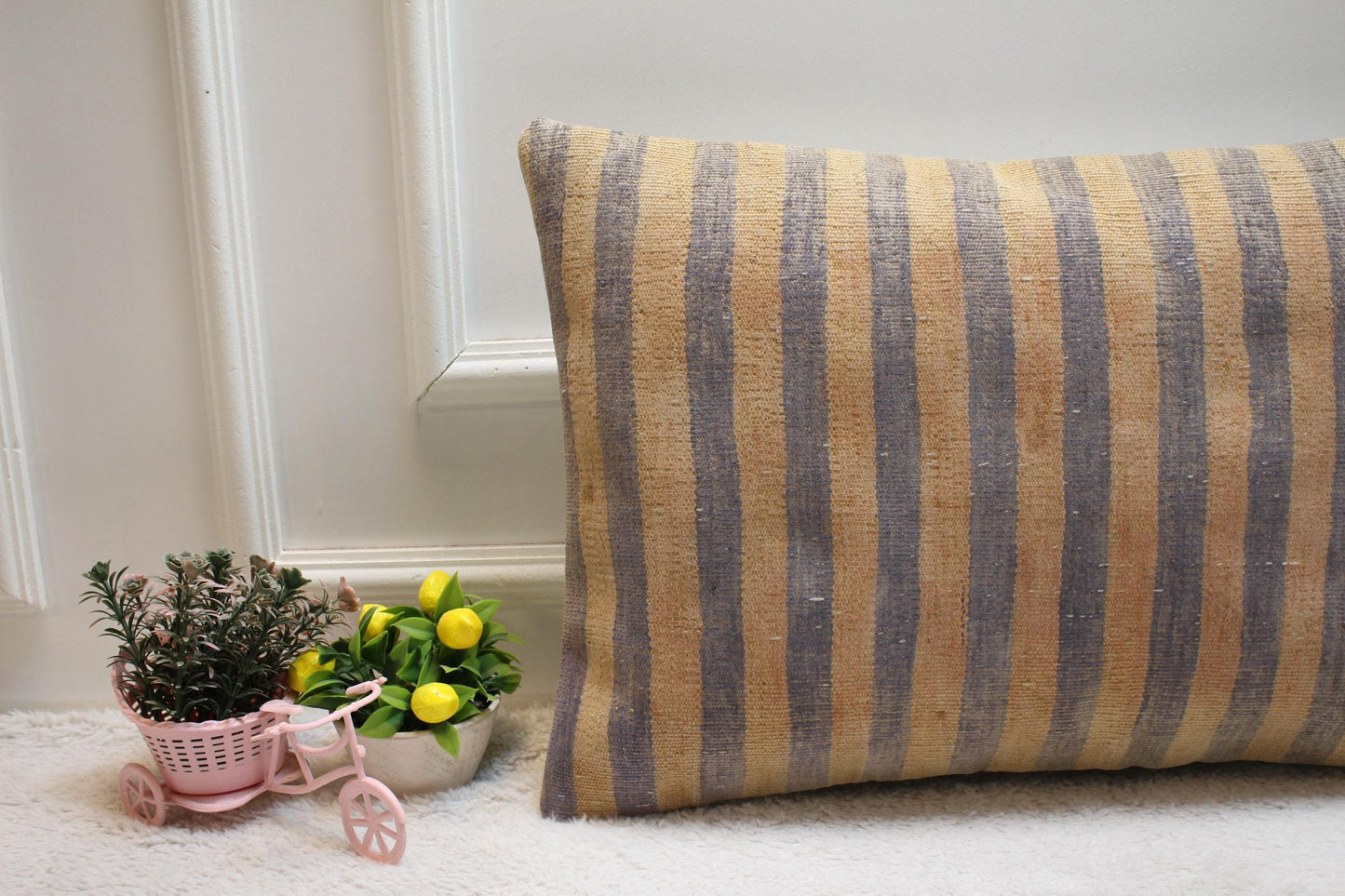 Handmade Striped Kilim Pillow Cover: Organic Wool Lumbar Cushion (16x24)