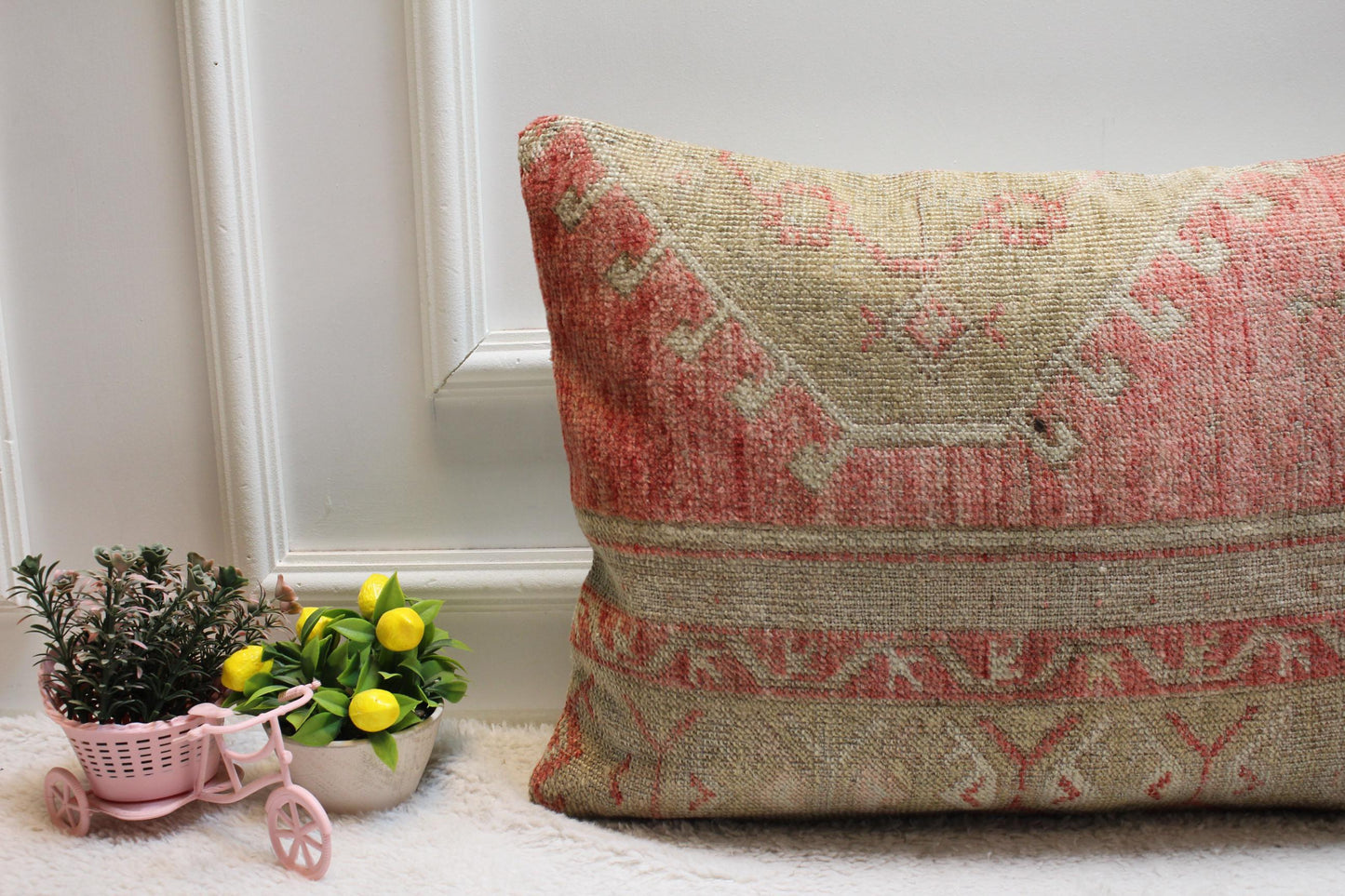 Handmade Kilim Lumbar Pillow Cover: Brown & Pink Organic Wool (16x24 in)
