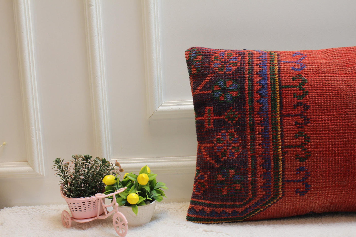 Red Turkish Rug Lumbar Pillow Cover: Vintage Woven Kilim, 16x24 inch