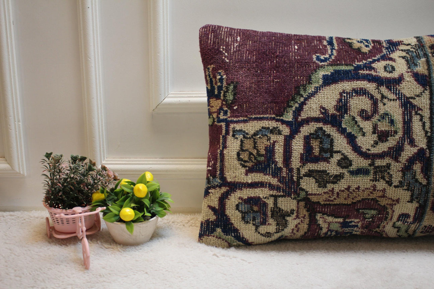 Purple Turkish Rug Lumbar Pillow: Vintage Woven Throw, 16x24 inch