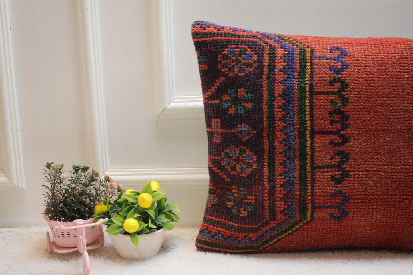 Red Wool Kilim Lumbar Pillow Cover: 16x24 inc Handmade Rug Pillow