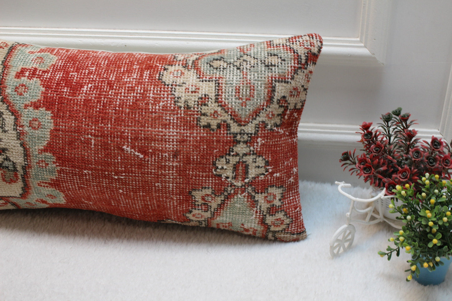 Red Beige Turkish Rug Lumbar Pillow Cover: Vintage Wool, 12x24 inch
