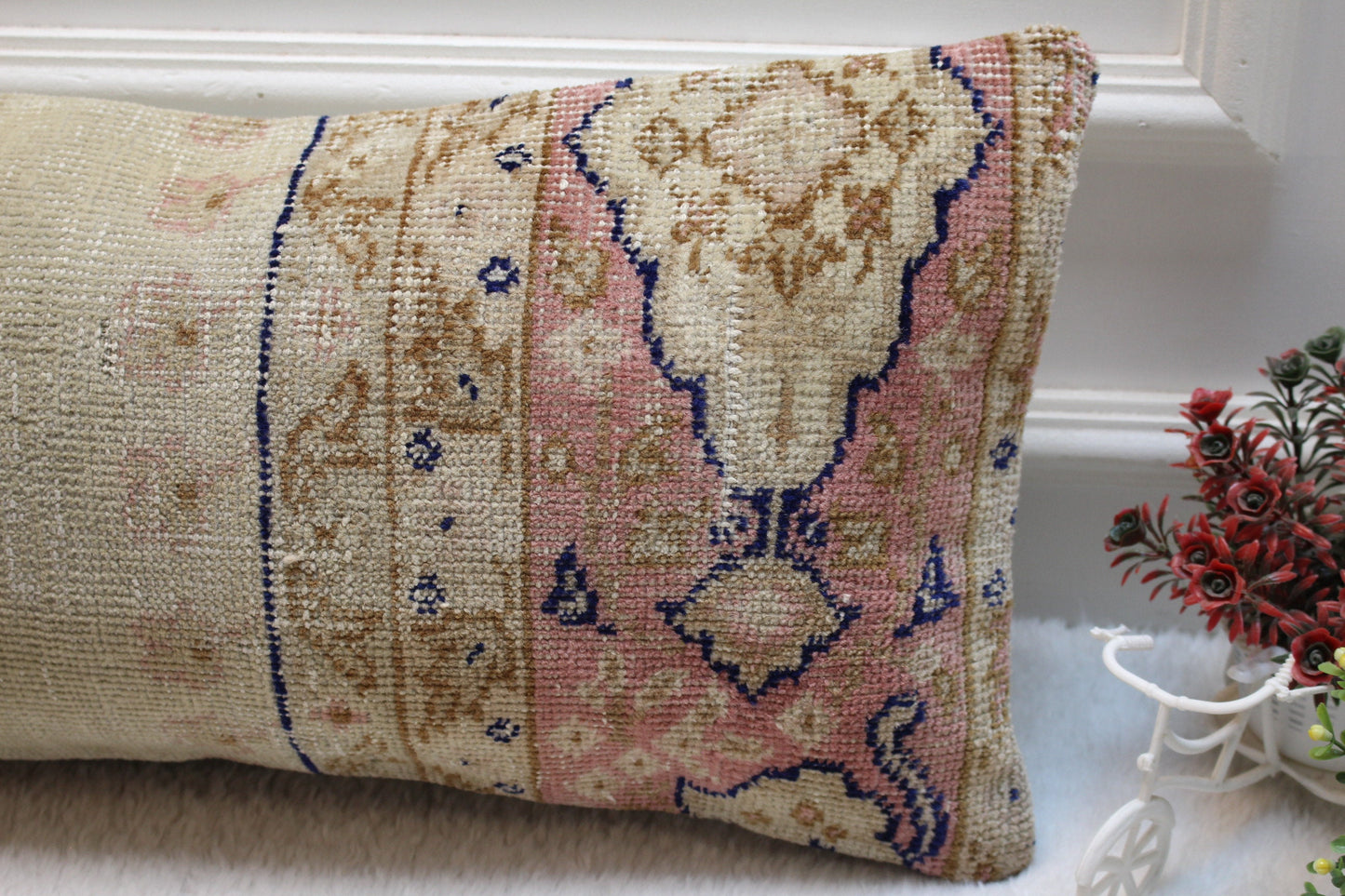 Handmade Turkish Rug Lumbar Pillow Cover: Organic Wool Kilim Pillow, 12x24 inch
