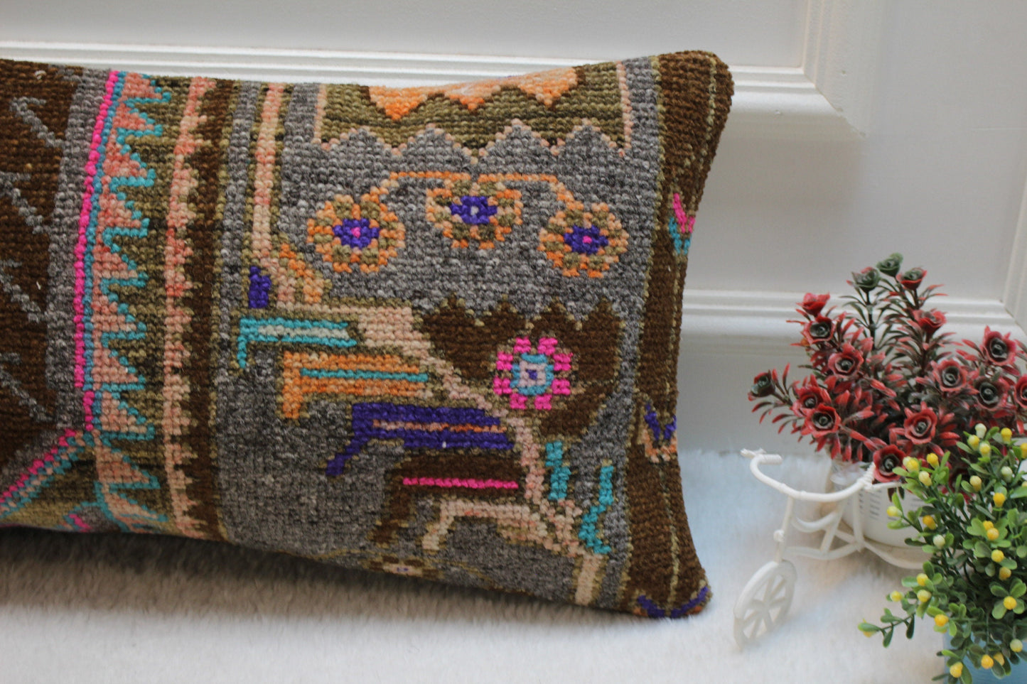 Handmade Turkish Kilim Lumbar Pillow Cover: Brown Woven Rug, 12x24 inc