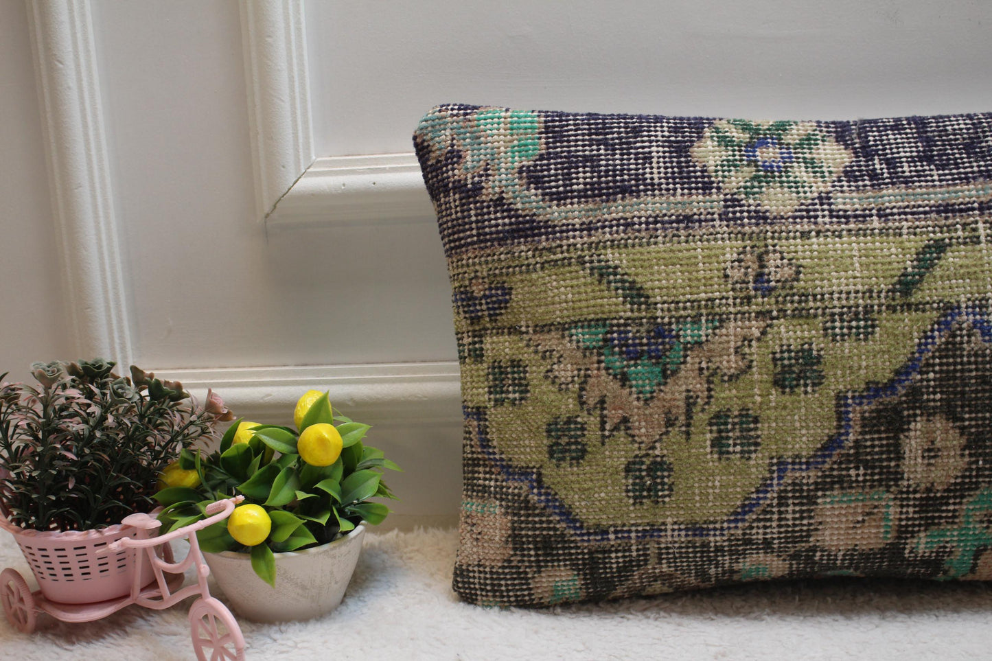 Blue Wool Lumbar Pillow Cover: Vintage Anatolian Kilim, 12x20 inc