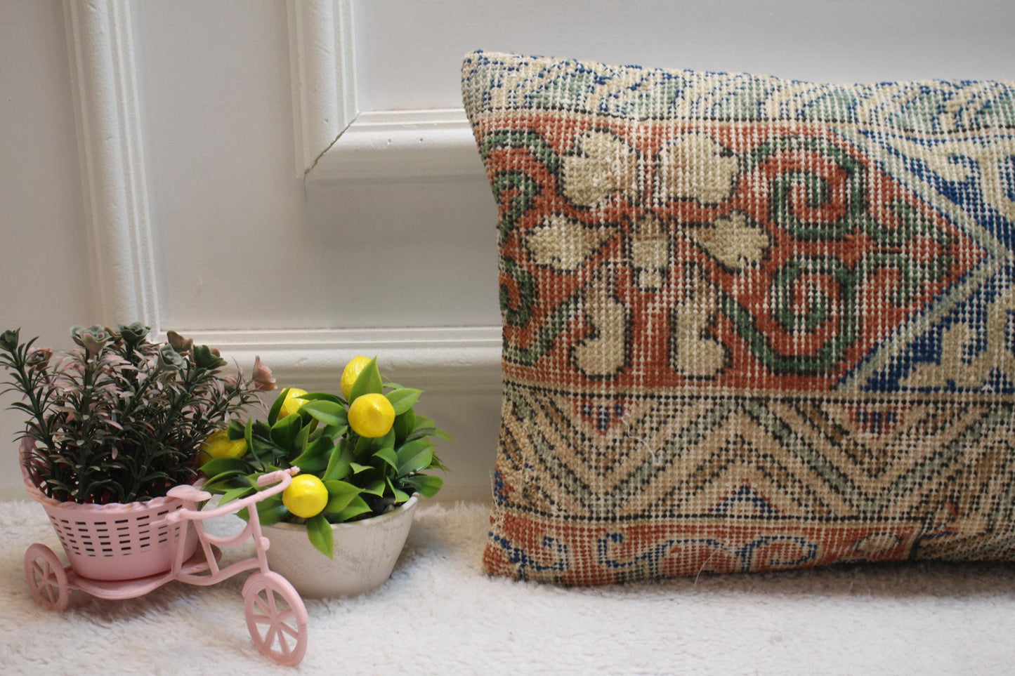 Geometric Turkish Rug Lumbar Pillow Cover: Vintage Handmade Wool (12x20 in)
