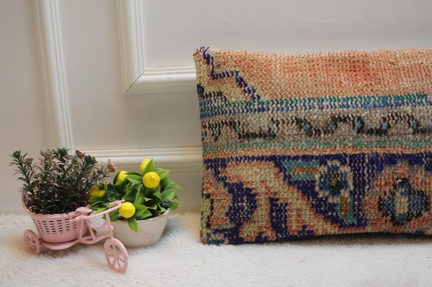 Orange Lumbar Pillow Cover: Vintage Turkish Rug, Handmade Kilim (12x20 in)