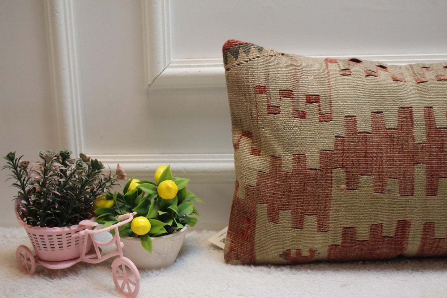 Geometric Kilim Pillow Cover: Red Beige Woven Rug, 12x20