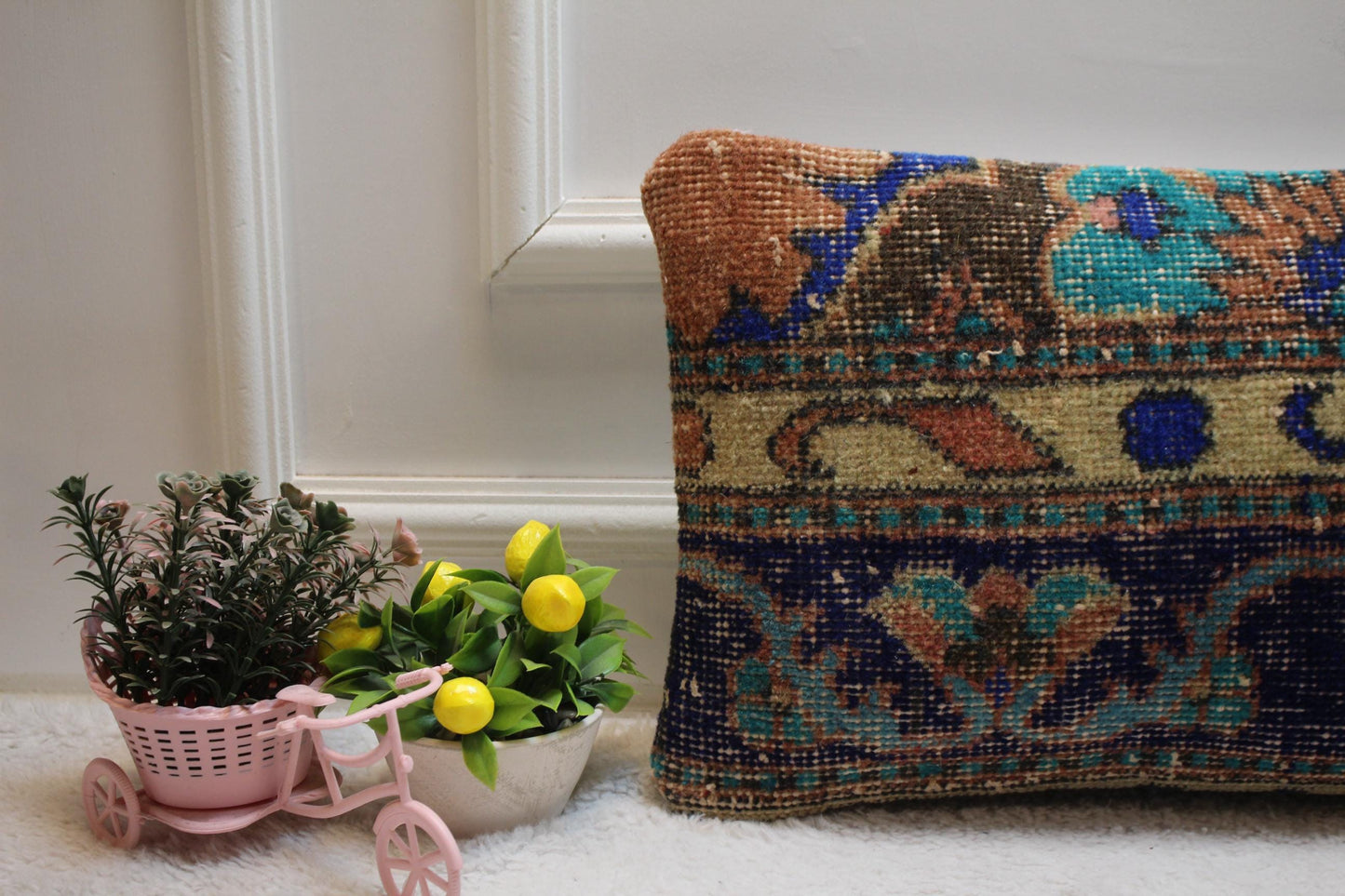 Handmade Kilim Pillow Cover: Upcycled Woven Rug, Blue Accent (12x20 in)
