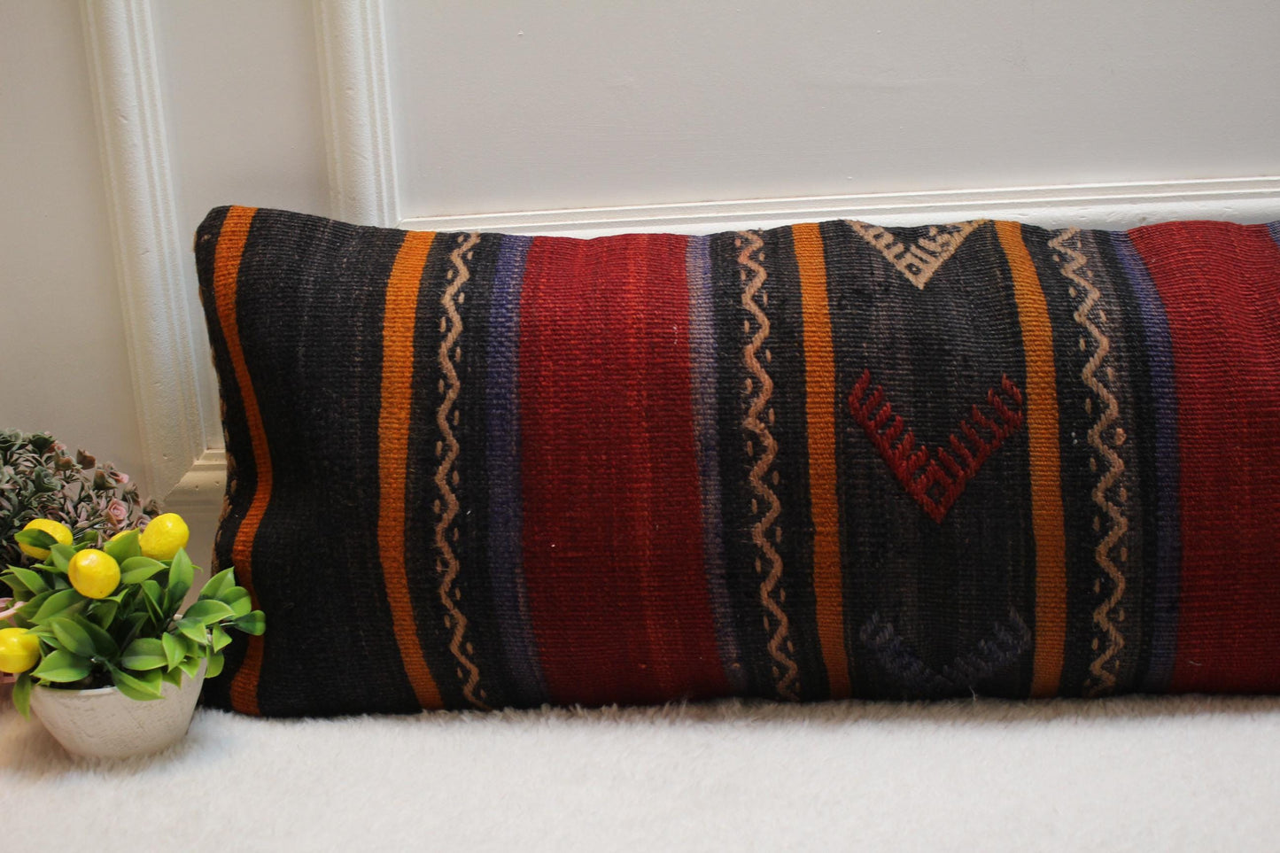 Striped Turkish Kilim Lumbar Pillow Cover: 12x36 inch, Handmade Rug Pillow