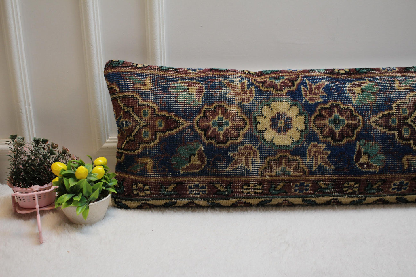 Blue Floral Kilim Pillow Cover: Vintage Anatolian Wool Rug, 12x36
