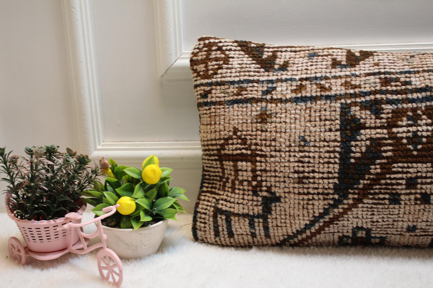 Beige Turkish Rug Pillow Cover: Vintage Wool Lumbar Pillow, 12x24