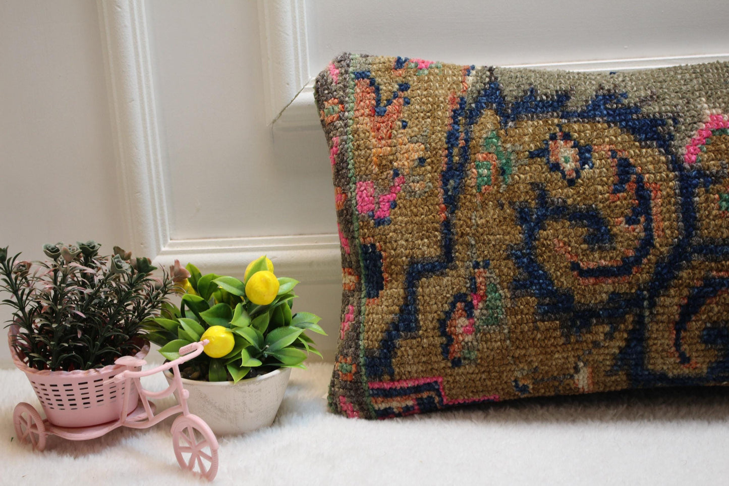 Handmade Kilim Pillow Cover: Upcycled Woven Rug, Gray Beige Pink (12X24 inc.)