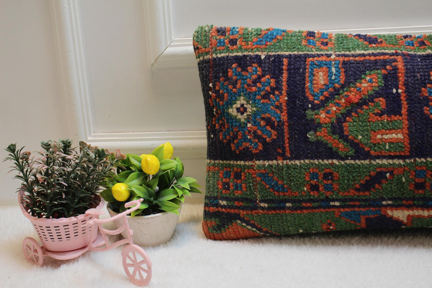 Handmade Wool Lumbar Pillow Cover: Geometric Turkish Rug Design
