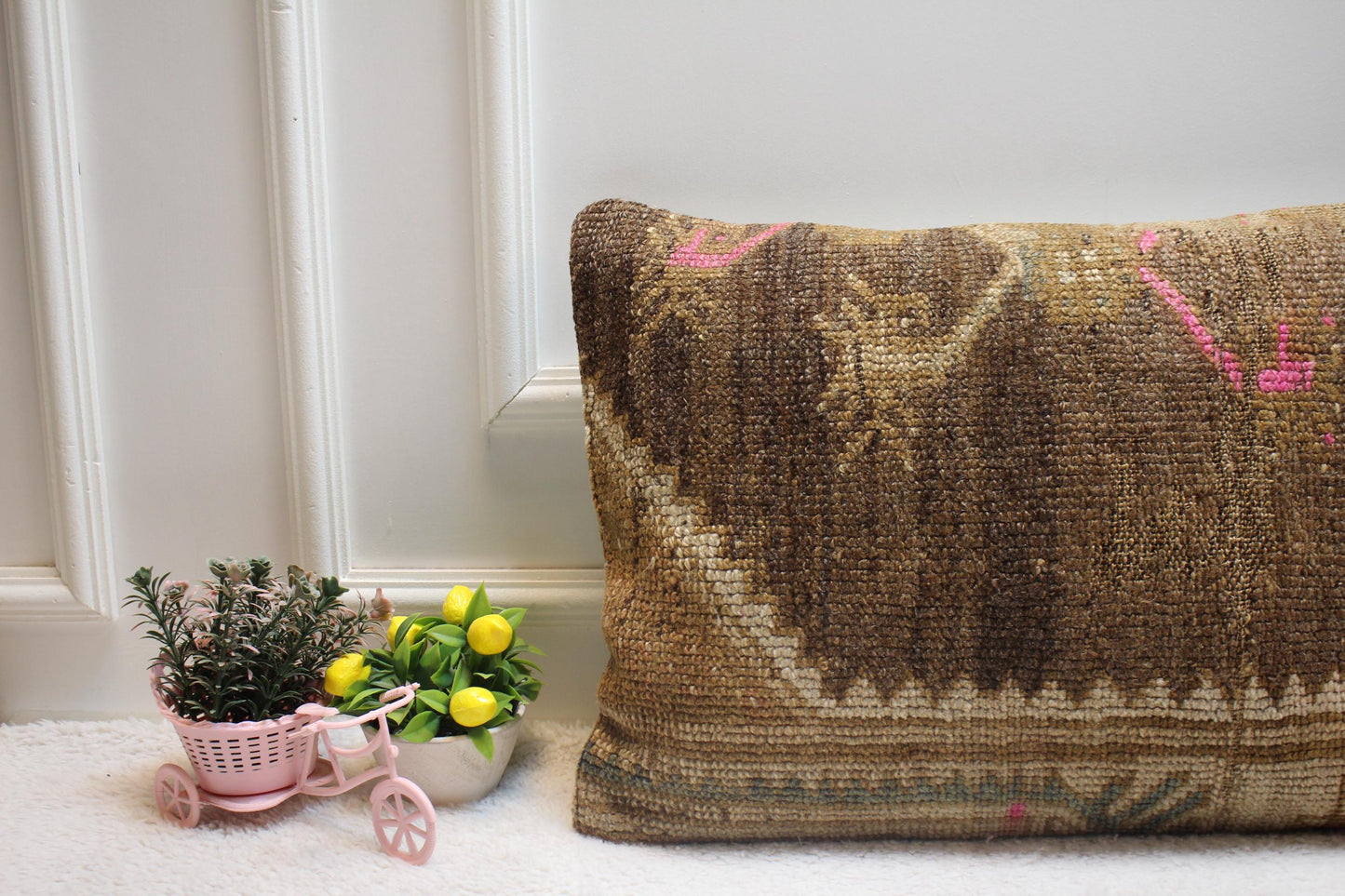 Handmade Kilim Lumbar Pillow Cover: Brown Rug Pillow (16x24 in)