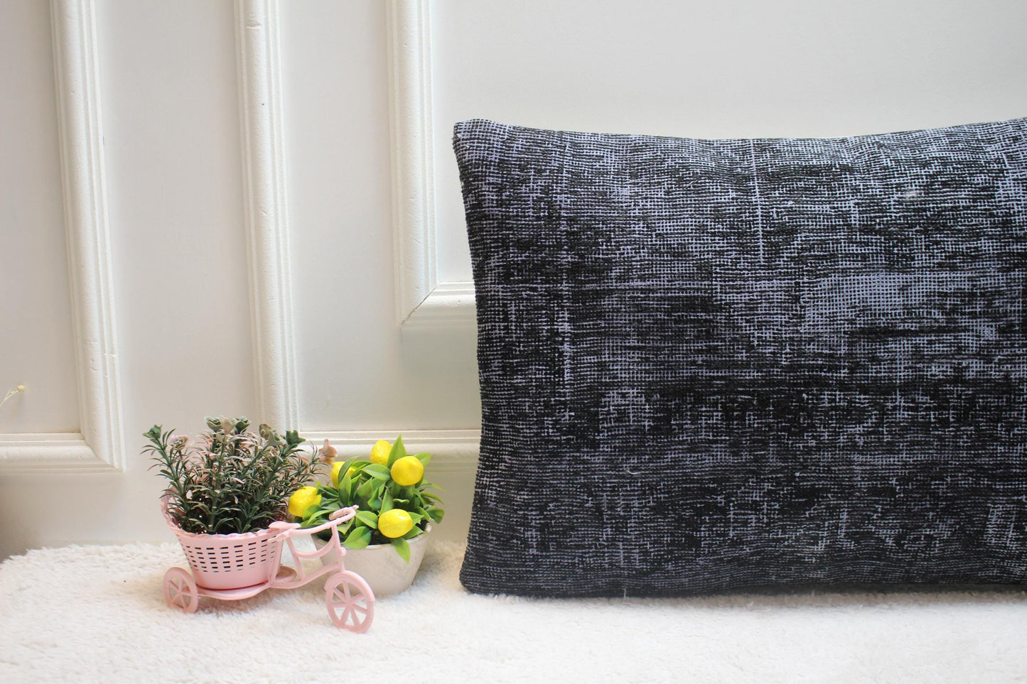 Gray Vintage Turkish Rug Lumbar Pillow Cover: 16x24 inch Wool Kilim Pillow