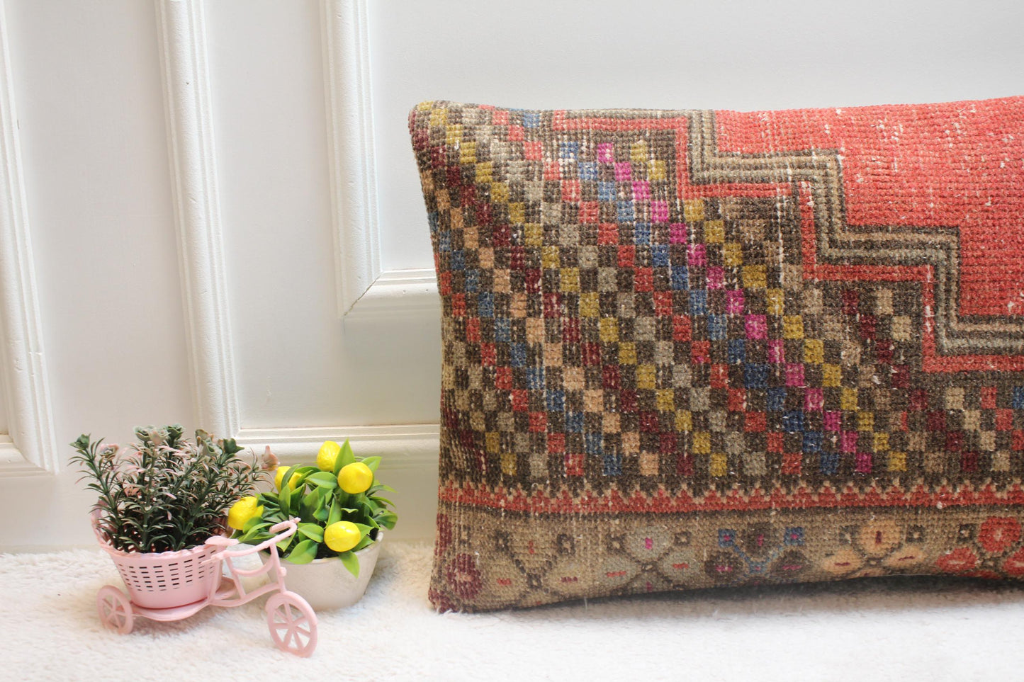 Handmade Red Kilim Lumbar Pillow Cover: Upcycled Rug, 16x24 inch