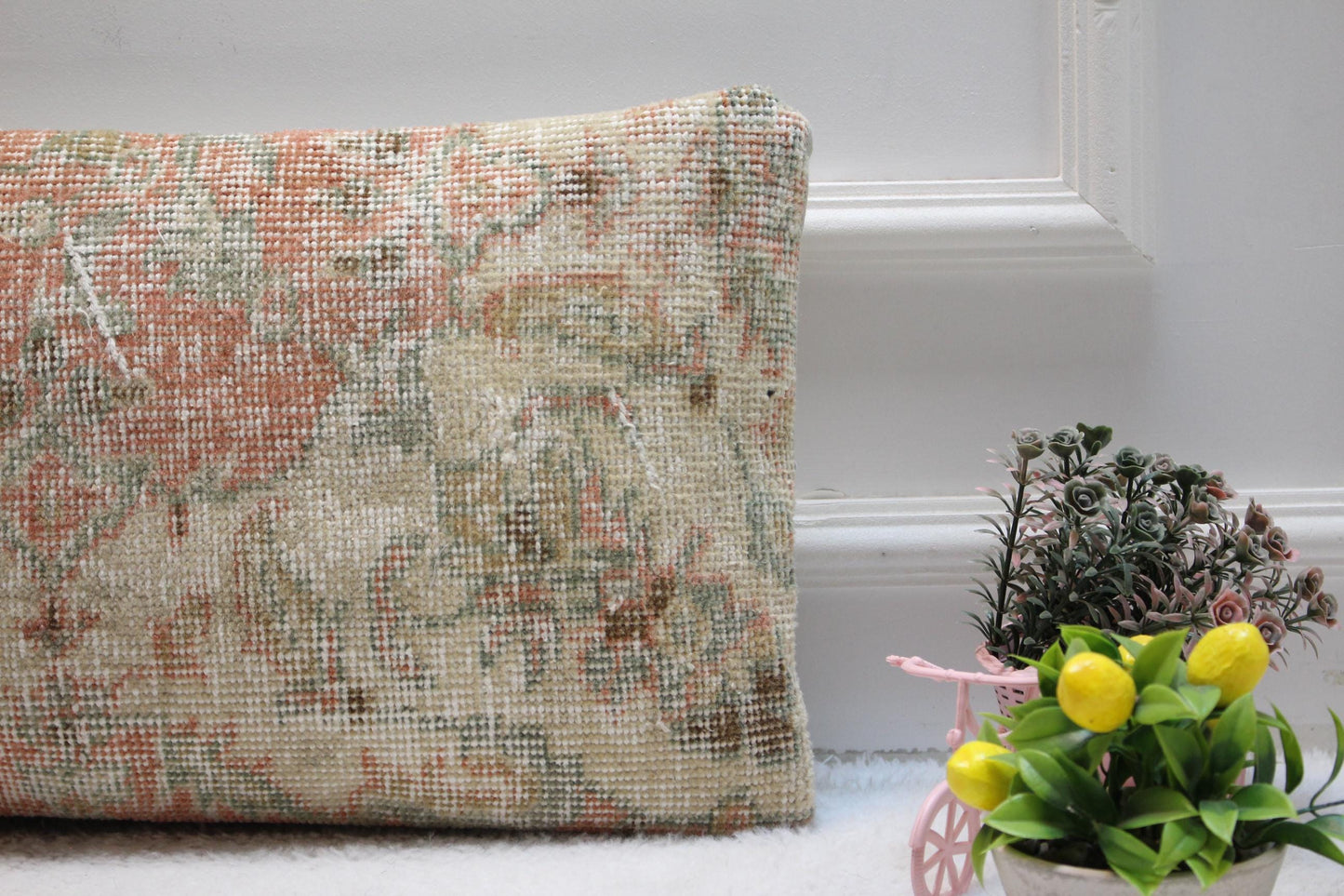 Vintage Turkish Rug Lumbar Pillow Cover: Beige Woven Wool, 12x24 inch