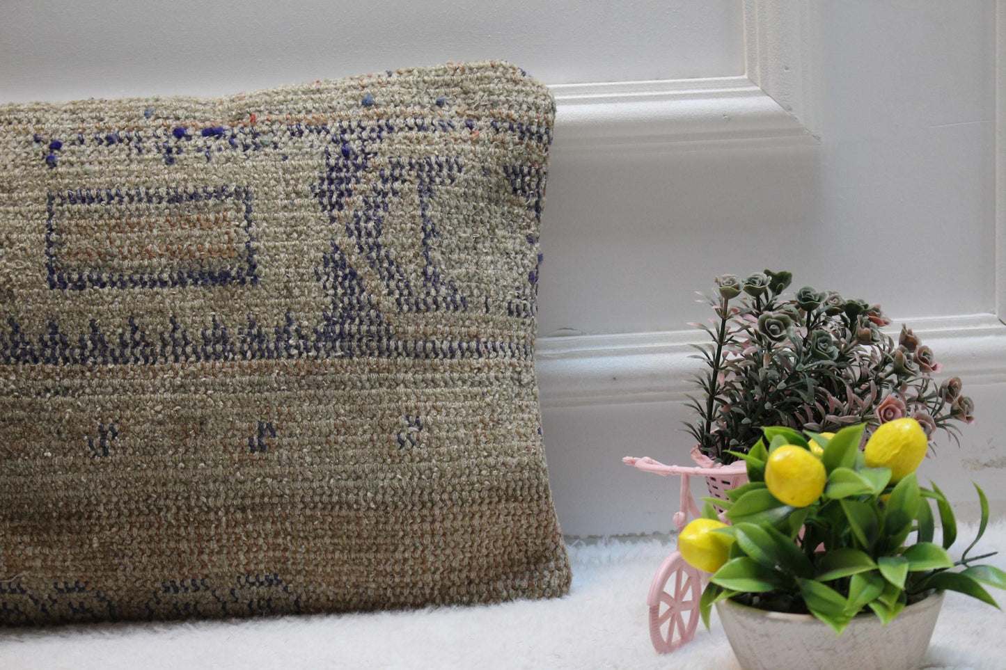 Handmade Kilim Lumbar Pillow Cover: Beige & Blue Rug Pillow (12x24 inc)