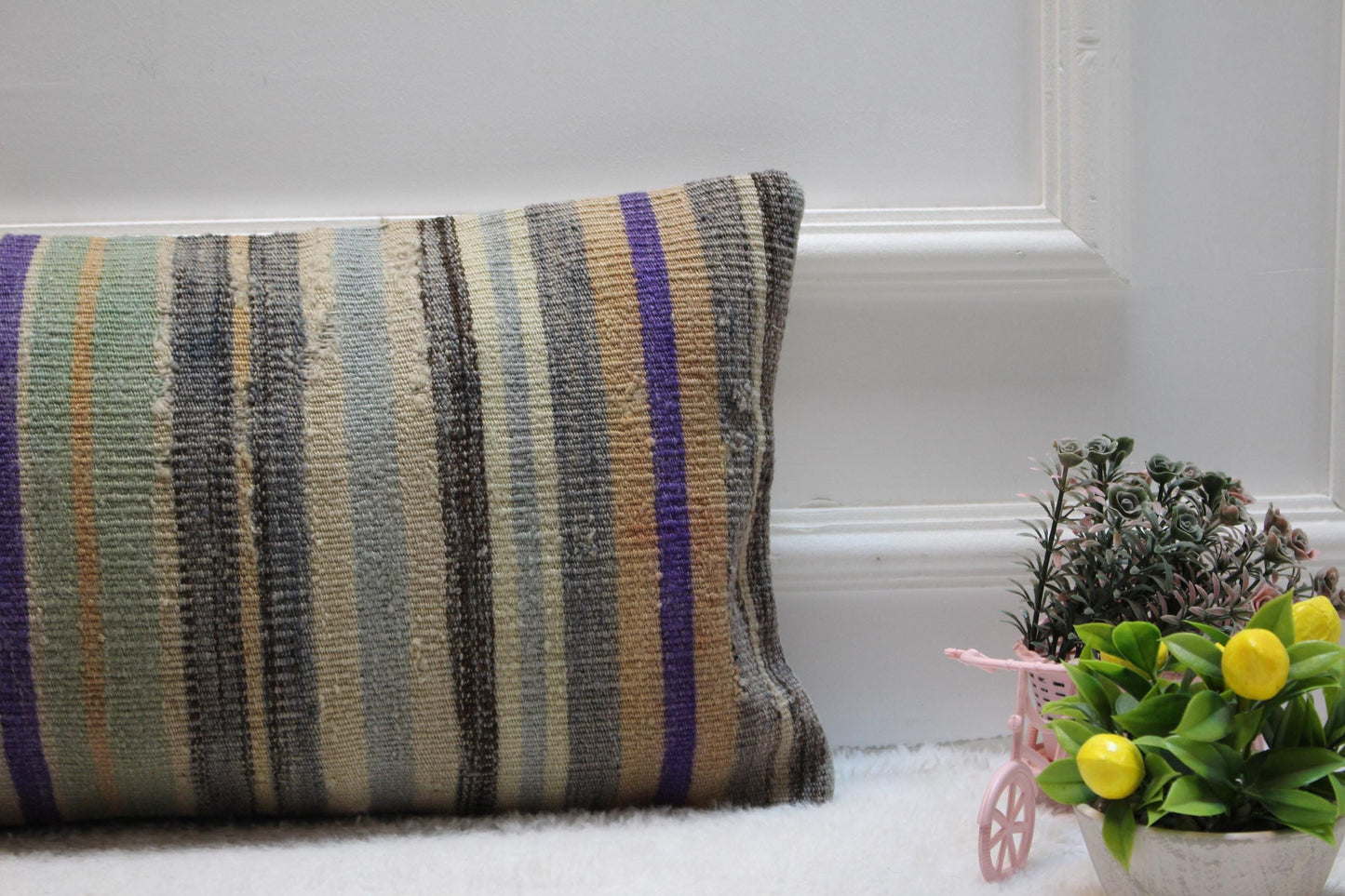 Striped Vintage Turkish Kilim Pillow Cover (12x24 inch)