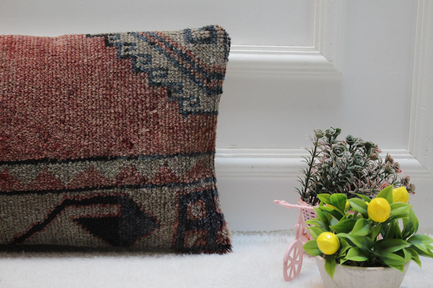 Handmade Turkish Rug Lumbar Pillow Cover: Upcycled Wool, 12x24 inch