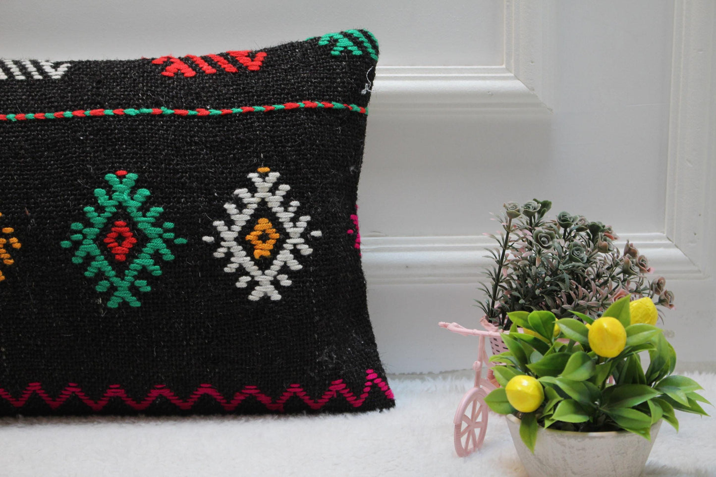 Geometric Kilim Lumbar Pillow Cover: Black Woven Rug, 12x24 inch
