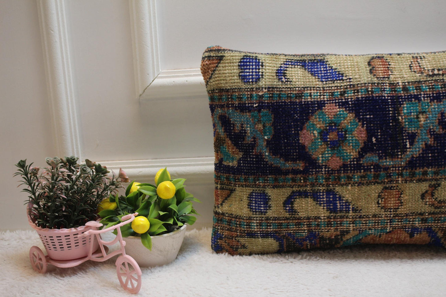 Floral Anatolian Rug Pillow Cover: Blue Bedroom Decor (12x20 in)
