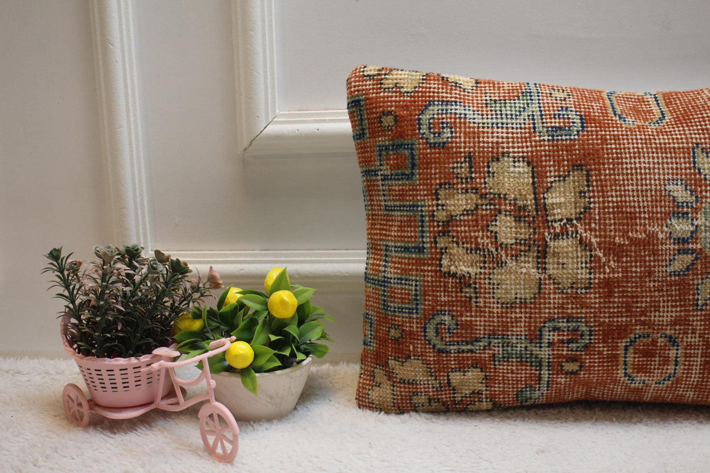 Red Vintage Turkish Rug Lumbar Pillow Cover: Handmade Wool (12x20 inc)