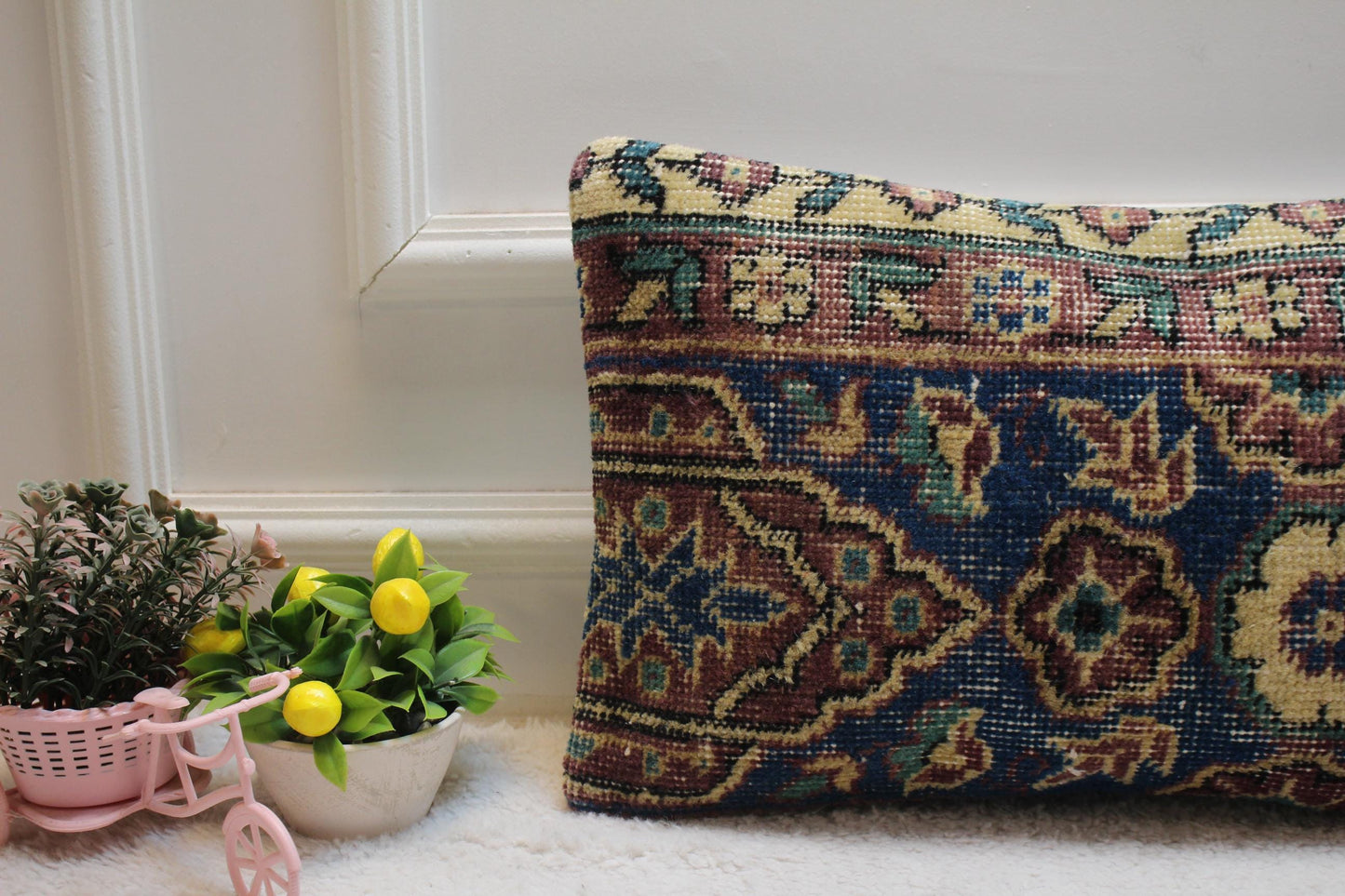 Blue Floral Kilim Pillow Cover: 12x20 Lumbar Pillow, Upcycled Rug