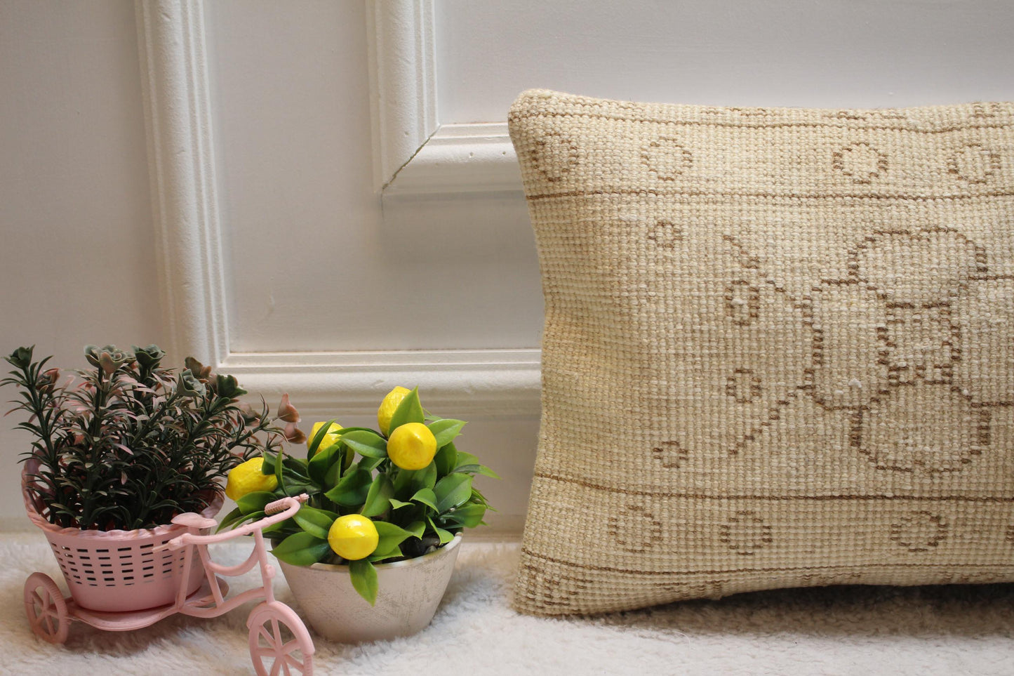 Beige Floral Turkish Pillow Cover: 12x20 Lumbar, Organic Wool