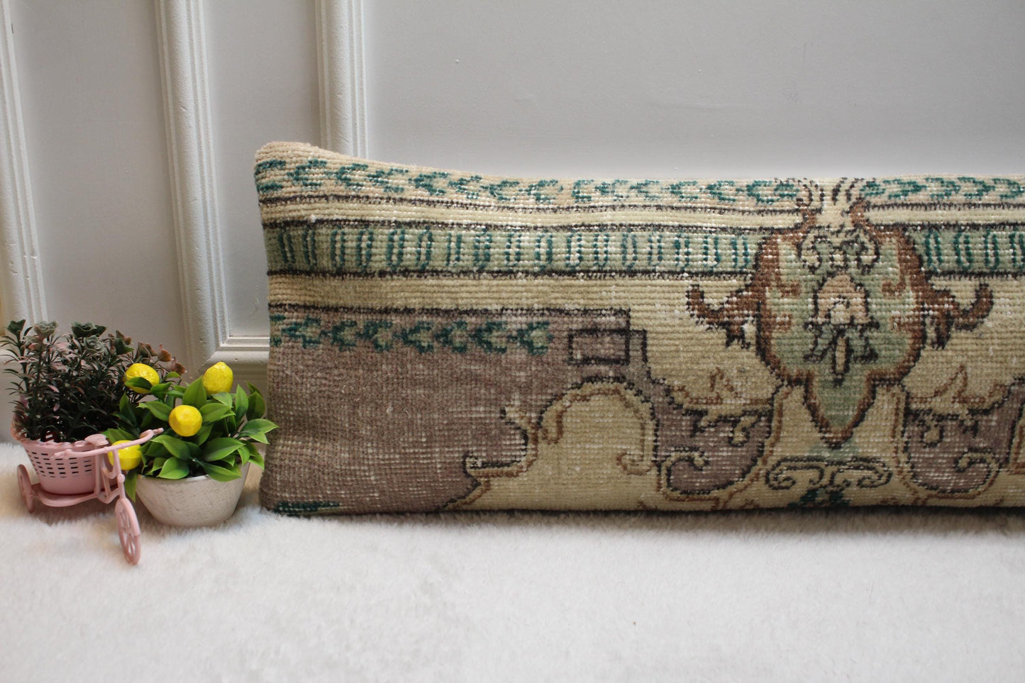Handmade Turkish Rug Lumbar Pillow: Vintage Wool Throw Pillow Case (12x36 in)