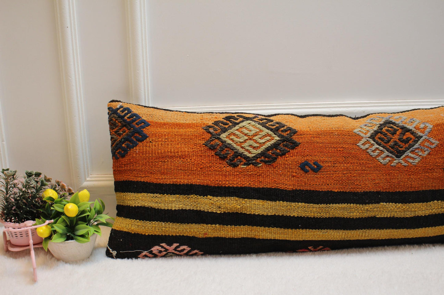 Orange Kilim Pillow Cover: Vintage Anatolian Woven Wool Lumbar Pillow (12x36 in)