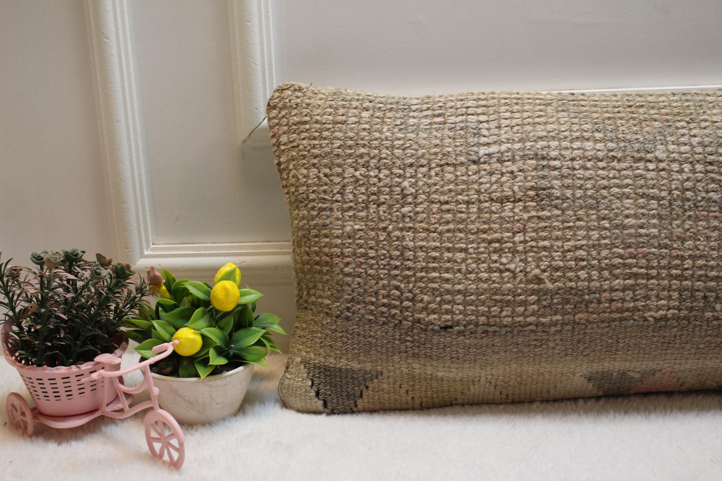 Beige Kilim Lumbar Pillow Cover: Upcycled Woven Rug, 12x24 inc