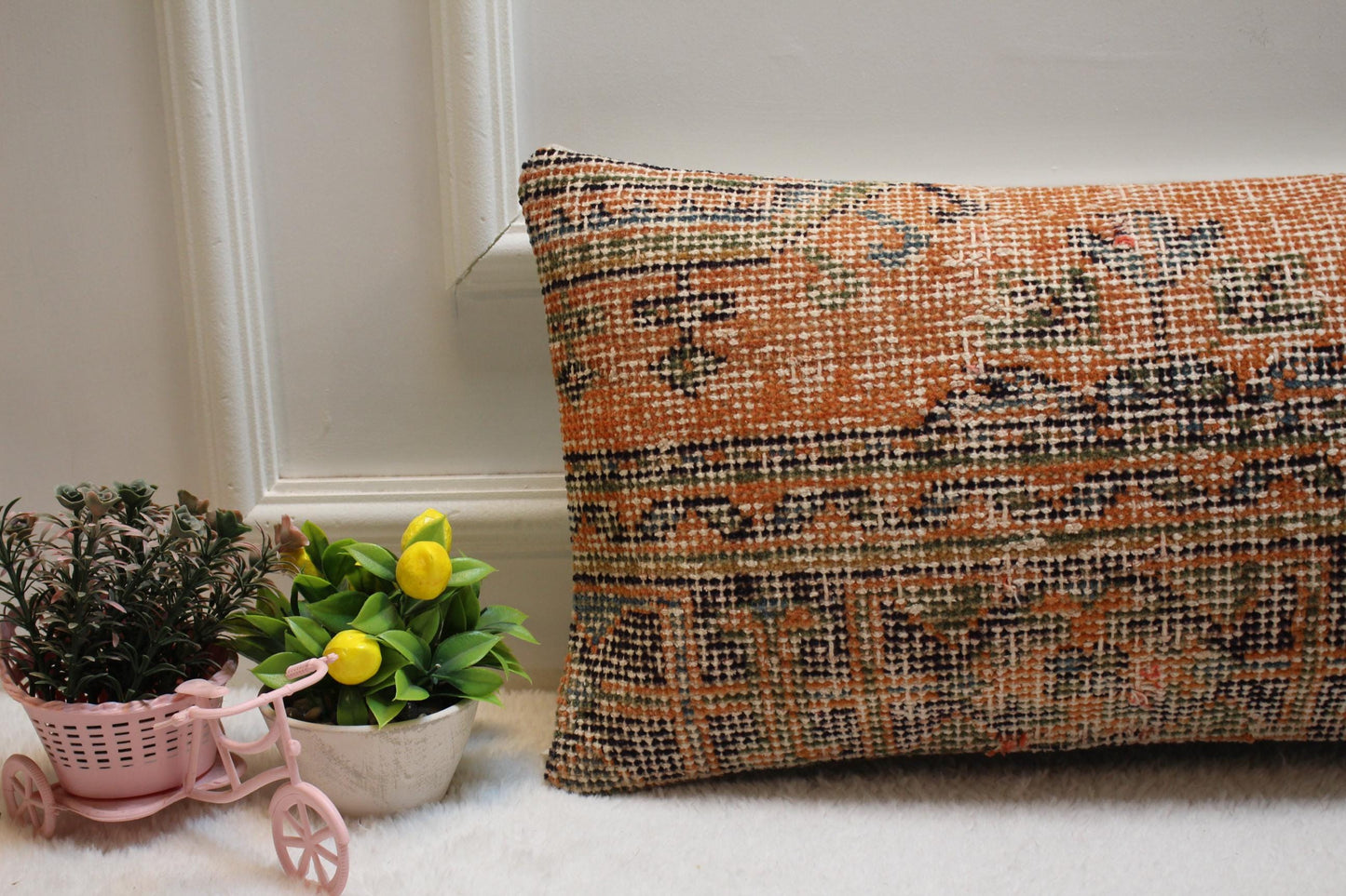 Orange Vintage Turkish Rug Lumbar Pillow Cover: Handmade Wool, 12x24 inch