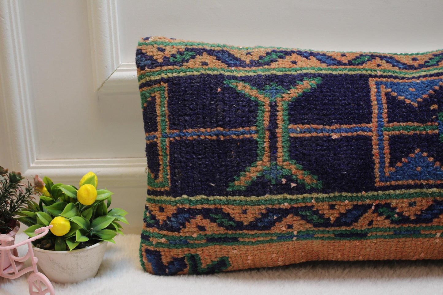 Vintage Turkish Rug Lumbar Pillow Cover: 12x24 Organic Wool Kilim Pillow