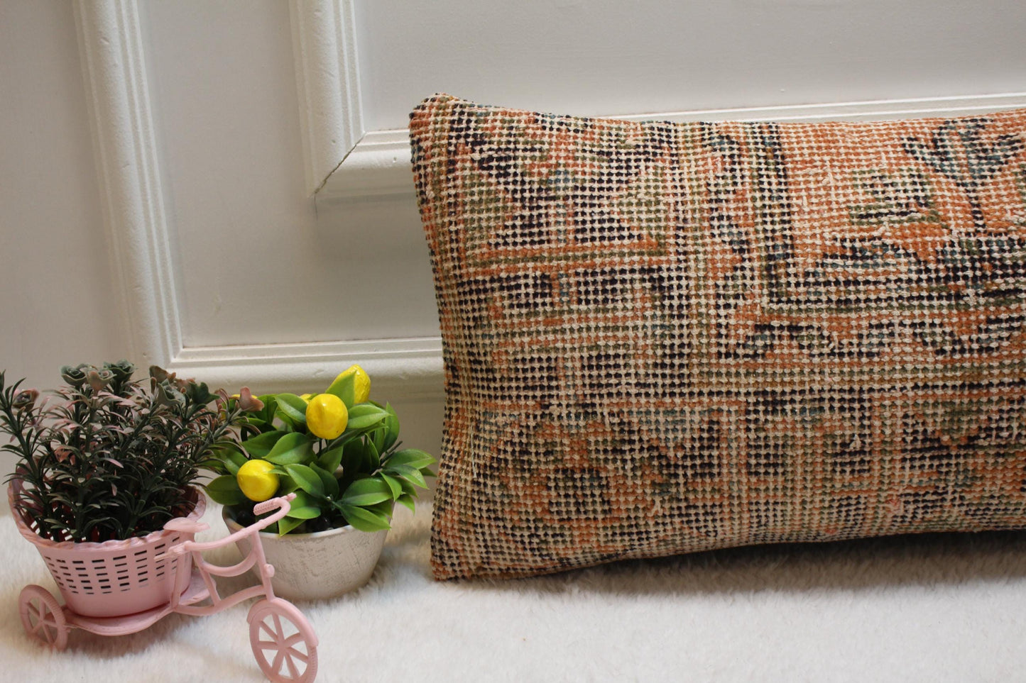 Orange Vintage Turkish Rug Lumbar Pillow Cover: 12x24 inch Wool Kilim