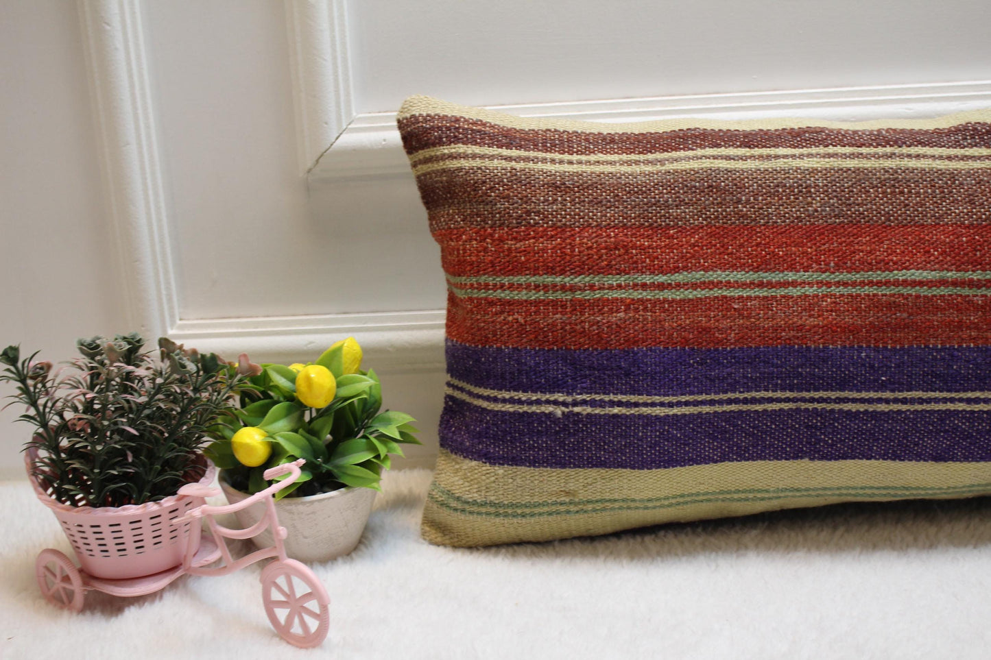Striped Kilim Lumbar Pillow Cover: Handmade Wool, 12x24 in