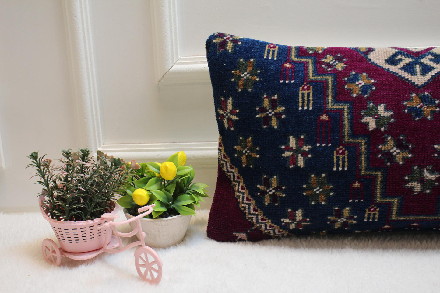 Blue Vintage Turkish Rug Lumbar Pillow Cover: 12x24 inc Handmade Kilim