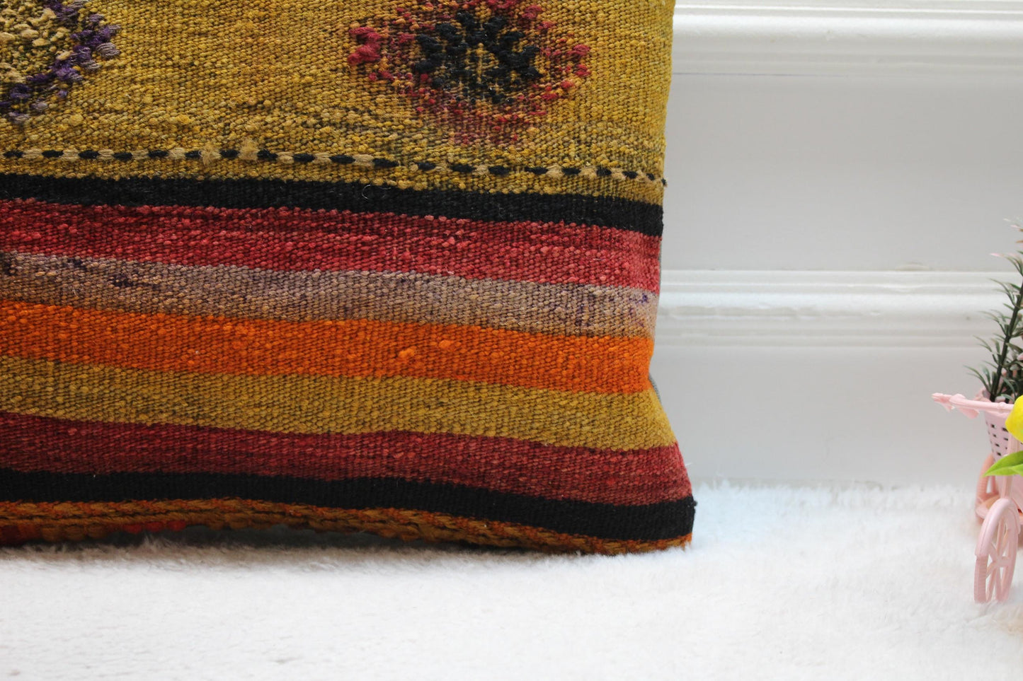 Handmade Kilim Pillow Cover: Upcycled Woven Rug, Rainbow Geometric Design (16x16")