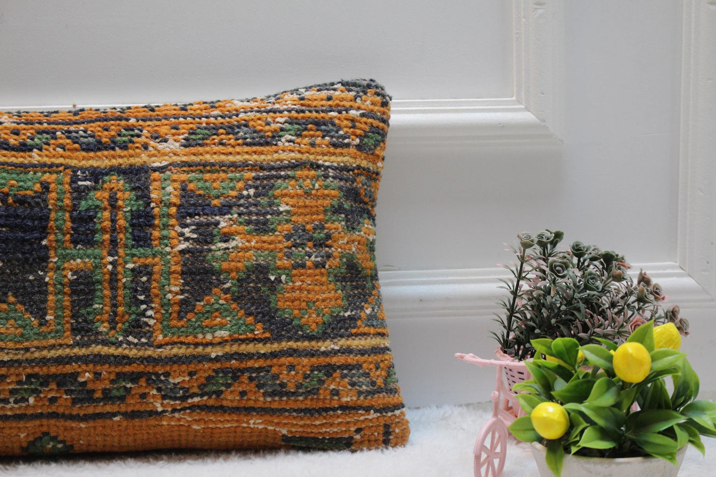Handmade Kilim Pillow Cover: Orange & Blue Geometric Rug Pillow (12x24in)