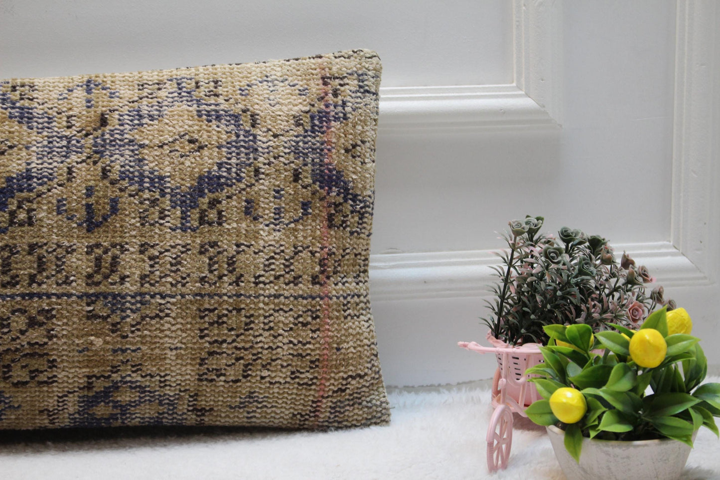 Blue Boho Turkish Rug Pillow Cover: Organic Wool Lumbar Pillow, 12x24