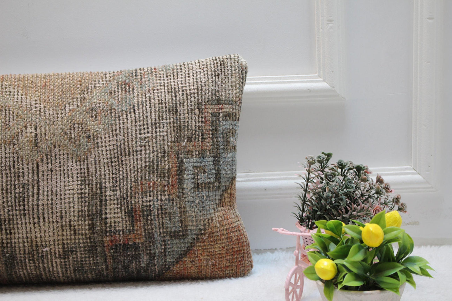 Handmade Turkish Rug Lumbar Pillow Cover: Organic Wool Boho Design (12x24 in)
