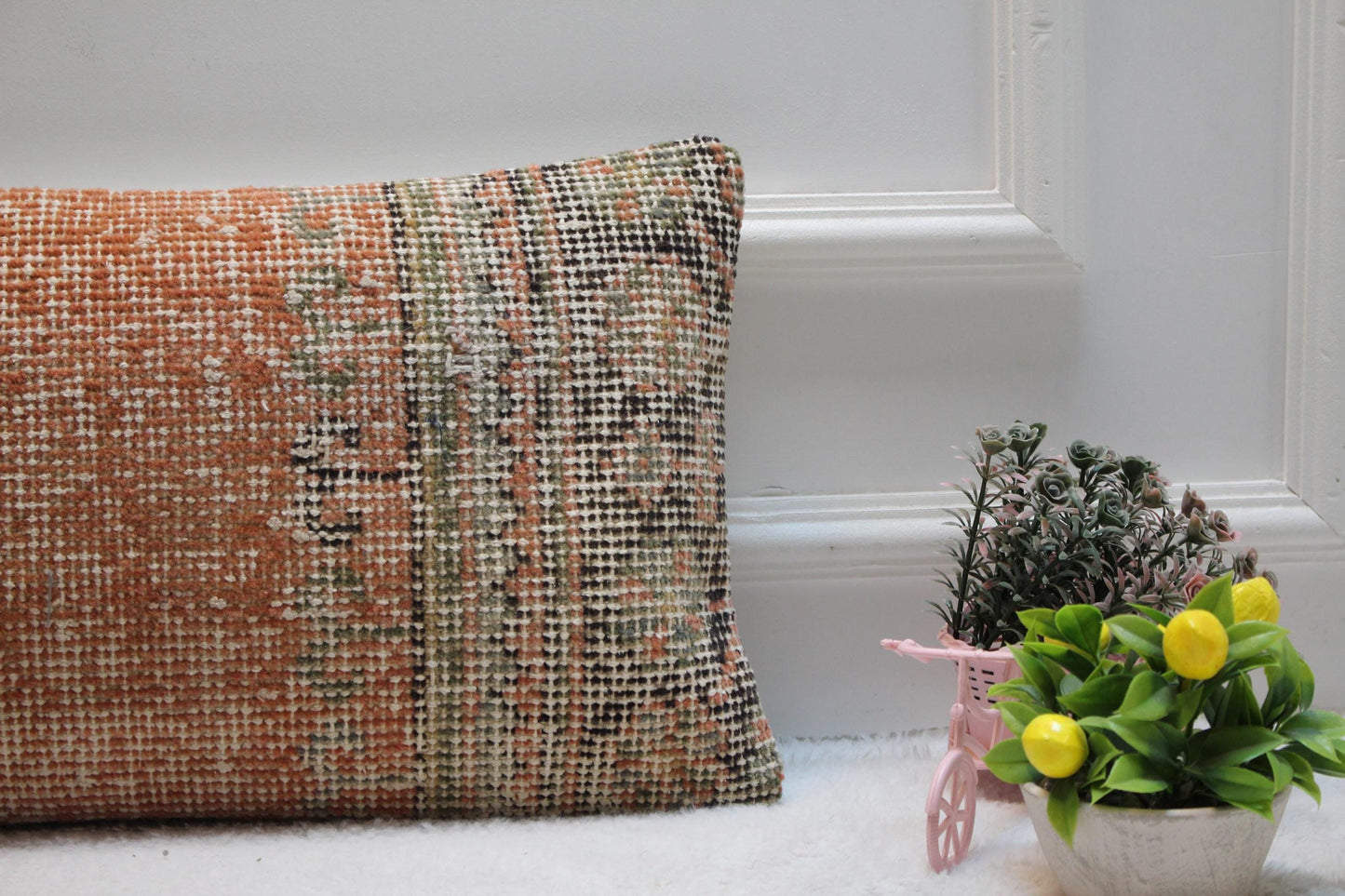 Vintage Turkish Rug Lumbar Pillow Cover: Upcycled Woven Wool, 12x24 inch