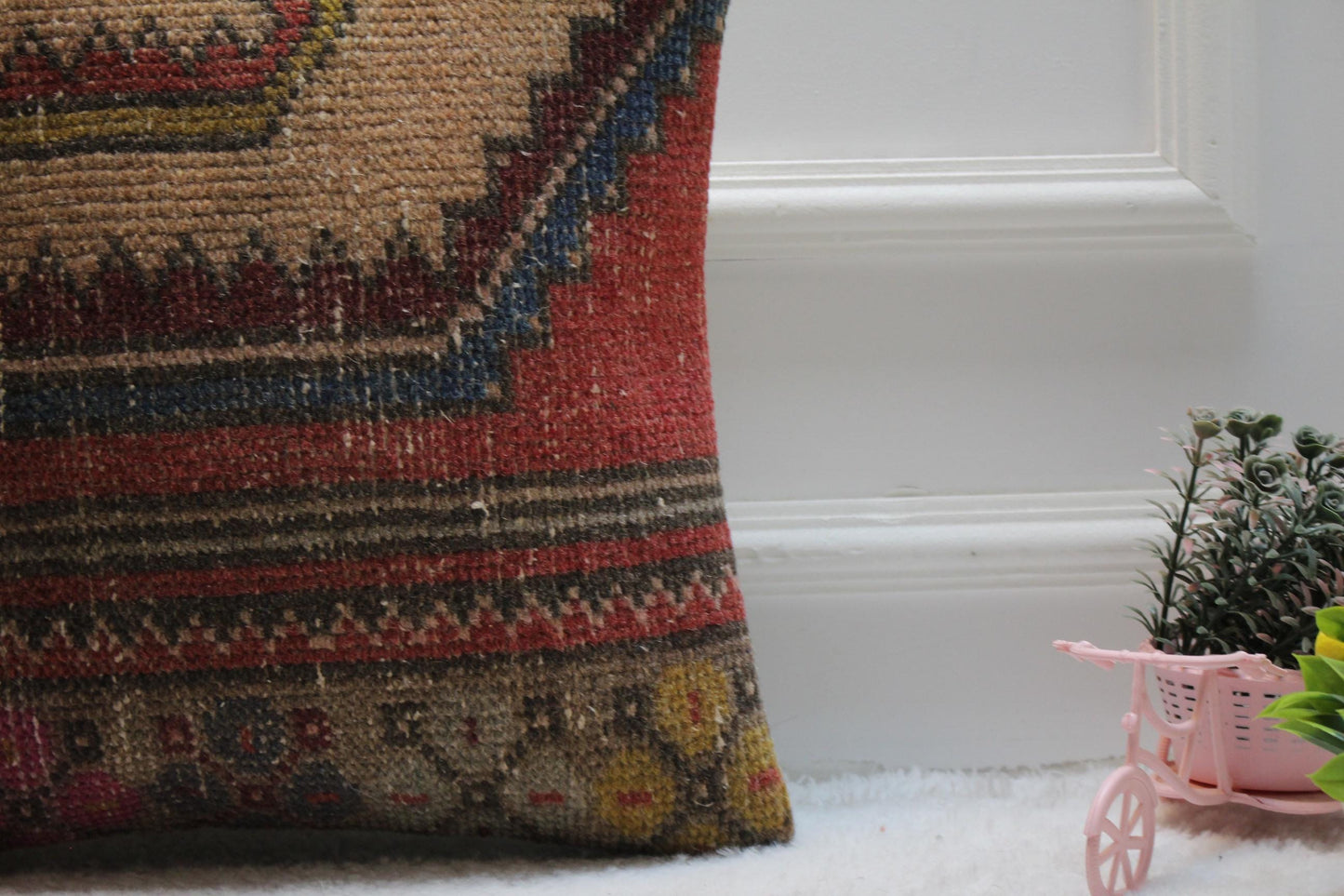 Handmade Kilim Pillow Cover: Upcycled Woven Rug, Boho Design (16x16 in)