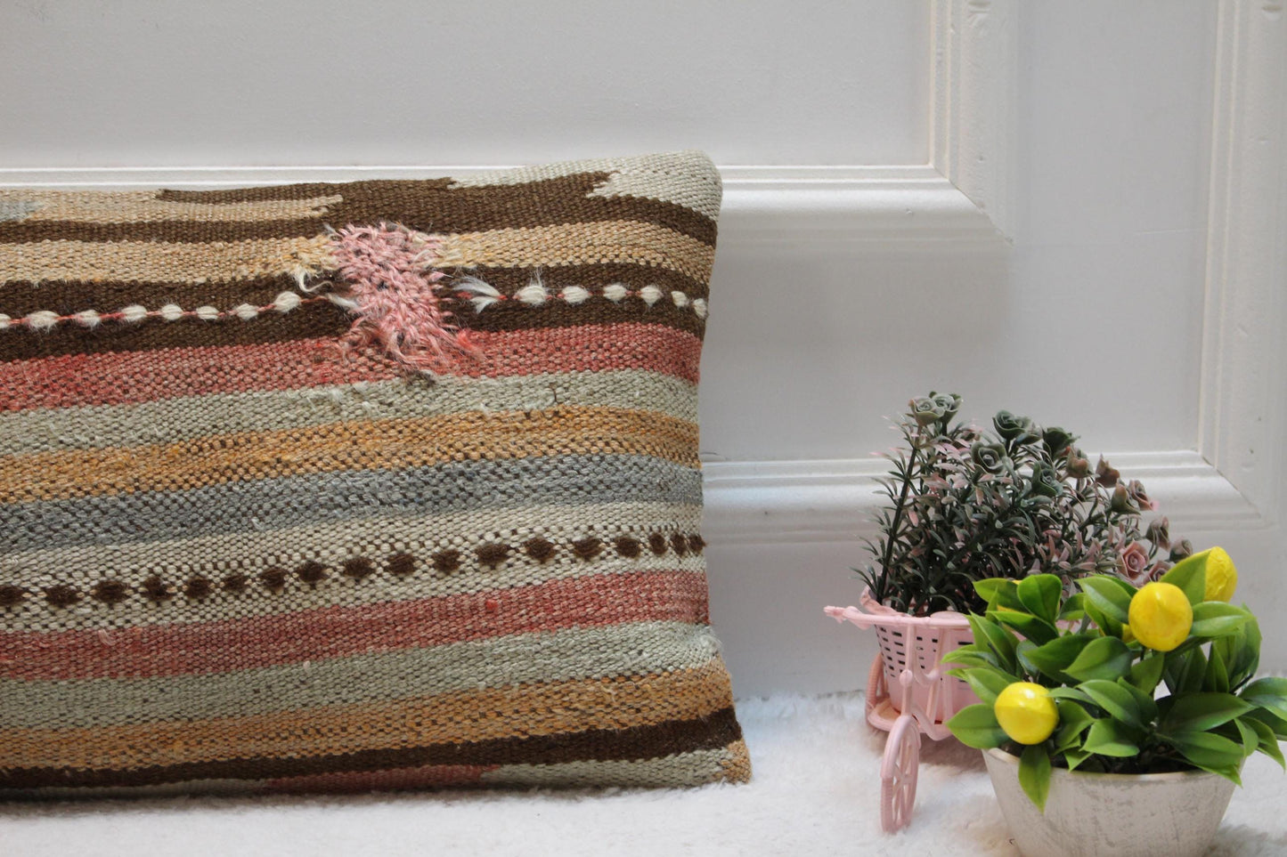 Handmade Kilim Lumbar Pillow Cover: Striped Boho Cushion (12x24 Inch)