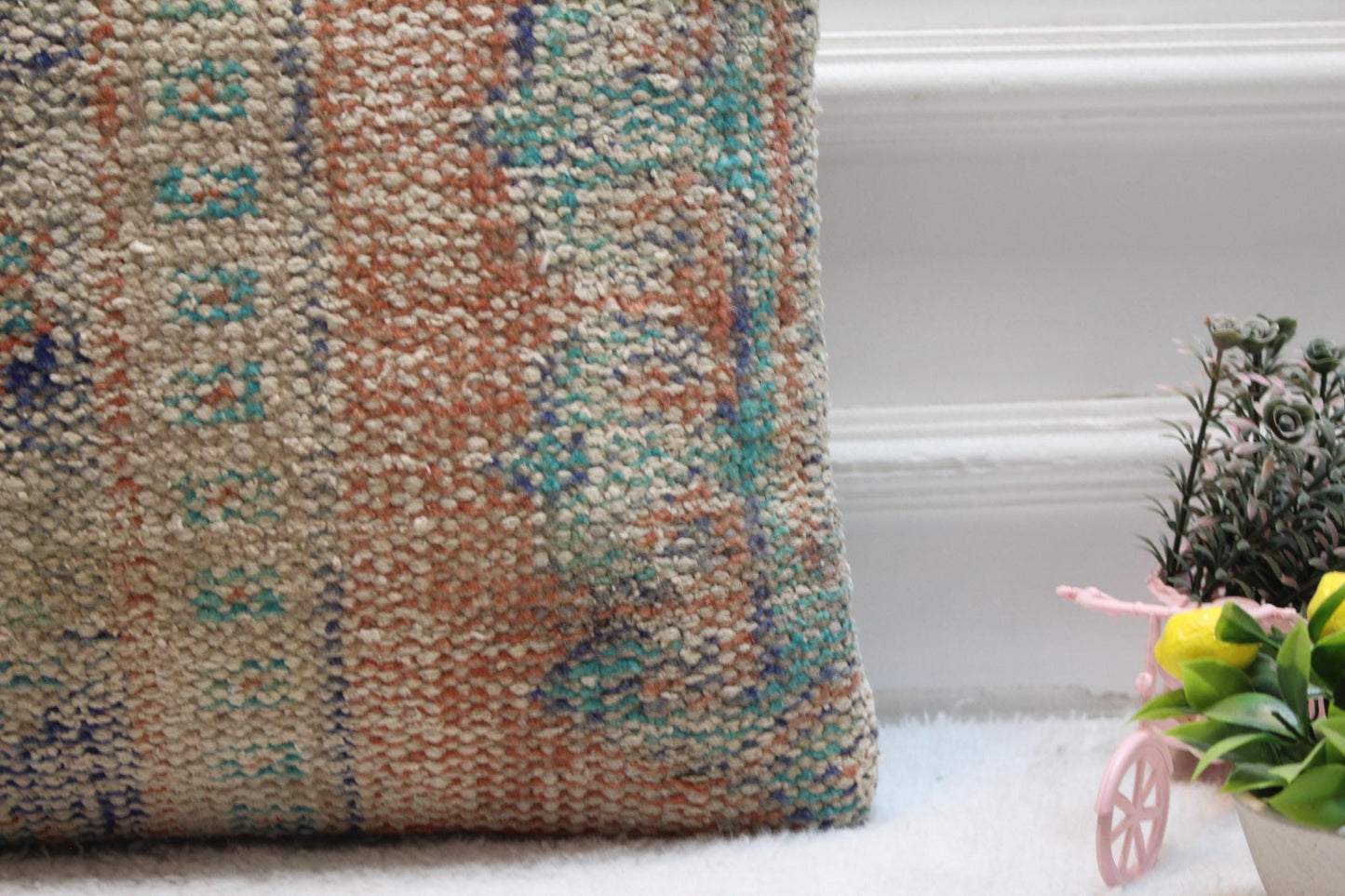 Vintage Turkish Rug Pillow Cover: Orange & Blue Kilim, 16x16