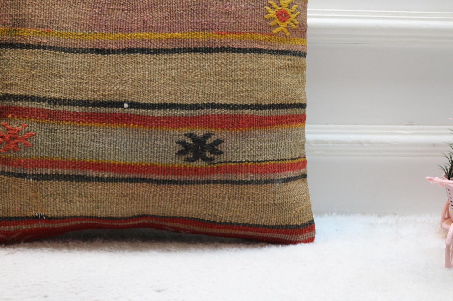 Vintage Kilim Pillow: 16x16 Red Striped Boho Cushion